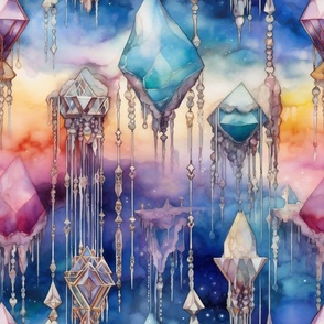 Fantasy Magical Glowing Crystals in a Rainbow Dreamy Watercolor Sky
