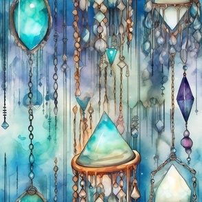 Fantasy Magical Glowing Crystals Aqua in a Dreamy Watercolor Sky