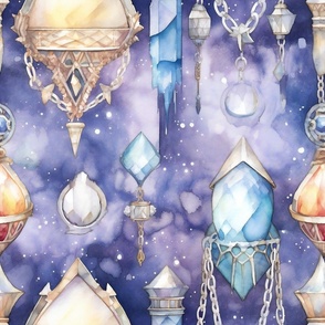 Fantasy Magical Glowing Crystals Lavender in a Dreamy Watercolor Sky