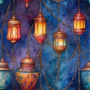 Fantasy Magical Glowing Lanterns in Soft Vibrant Watercolor Blue