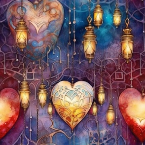 Fantasy Magical Glowing Fiery Heart Lamps Dreamy Watercolor