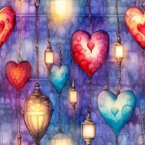 Fantasy Magical Glowing Heart Lamps Soft Purple Dream Watercolor