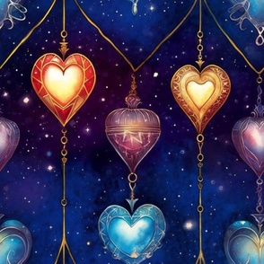 Fantasy Magical Glowing Heart Lamps in a Starry Watercolor Sky