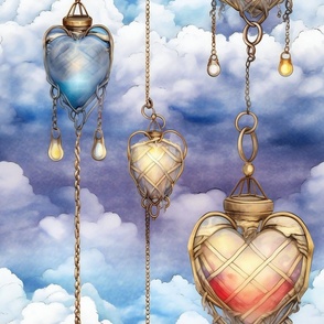 Fantasy Magical Glowing Heart Lamps in a Cloudy Watercolor Sky