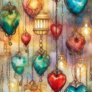 Fantasy Magical Glowing Heart Lamps Soft Flowing Watercolor