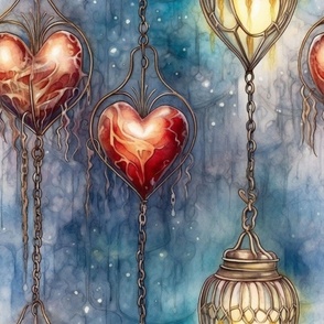 Fantasy Magical Glowing Heart Lamps in a Dreamy Blue Watercolor Sky
