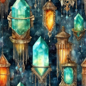 Fantasy Magical Glowing Crystals in a Shimmering Green Watercolor Sky