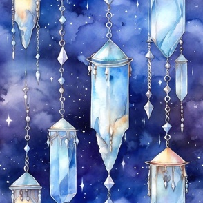 Fantasy Magical Glowing Crystals in a Starry Blue Watercolor Sky