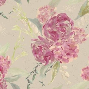 Roses and Hydrangea on Taupe Background - Floral - Mid Scale - Cozy