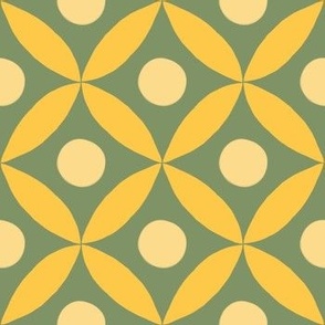 Simple geometric 4 petal floral design in leaf green, desert sun and sandy yellow