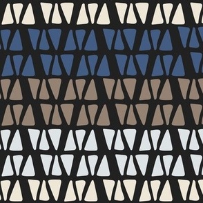 330 - Large scale Stripes formed by little hand drawn triangles  in ombré effect with taupe, cream, dark blue and donkey brown, for dresses, tops, apparel and sweet bed linens
