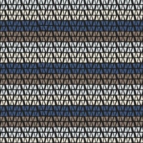 330 - Small scale modern geometric Stripes formed by little hand drawn triangles  in ombré effect with taupe, cream, dark blue and donkey brown, for dresses, tops, apparel and sweet bed linens