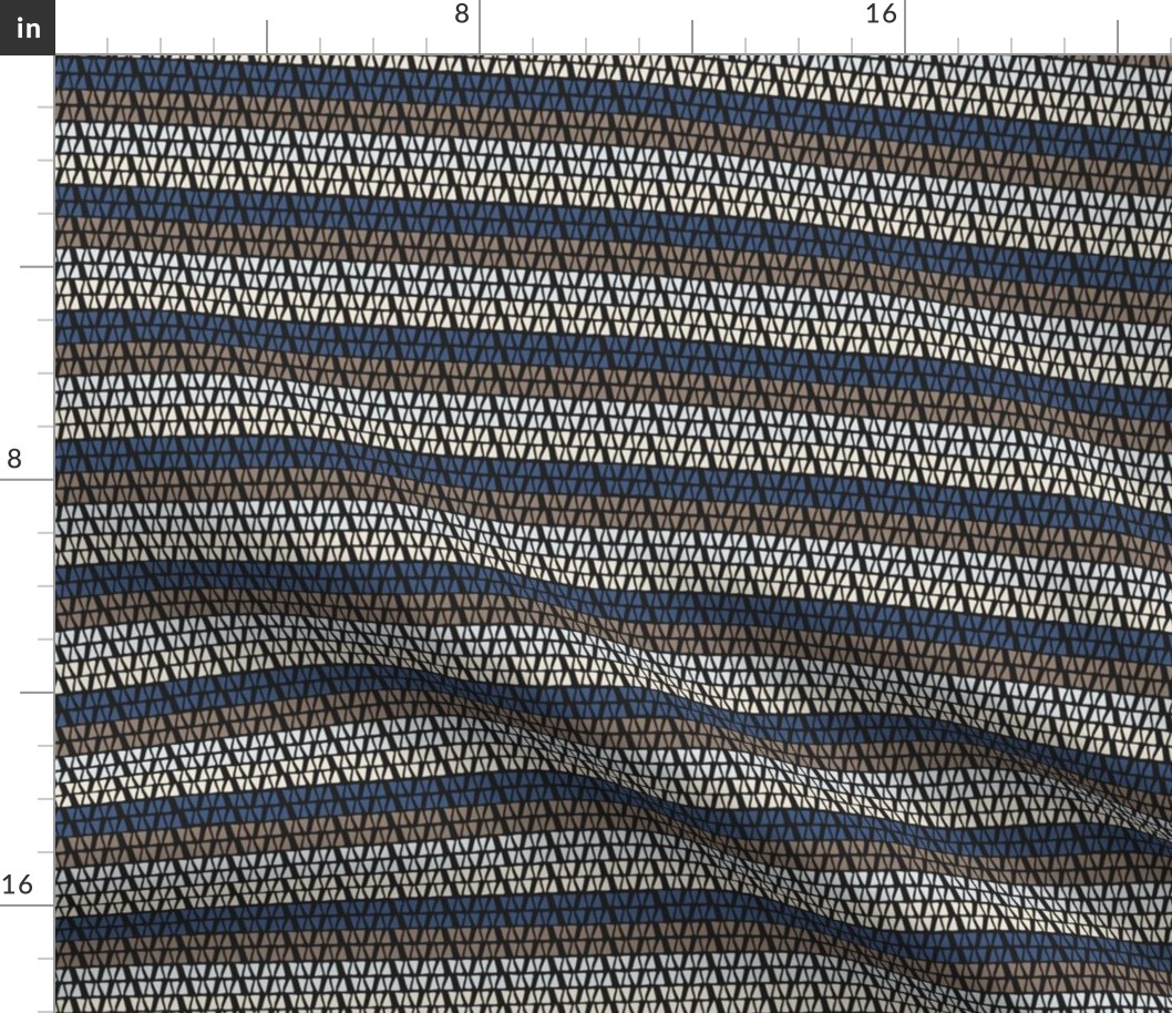 330 - Small scale Stripes formed by little hand drawn triangles  in ombré effect with taupe, cream, dark blue and donkey brown, for dresses, tops, apparel and sweet bed linens