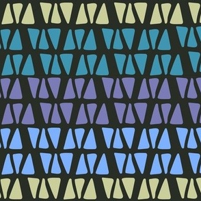 330 - Large  scale Stripes formed by little hand drawn triangles  in ombré effect with purple, emerald green, sky blue and chartreuse yellow, for dresses, tops, apparel and sweet bed linens