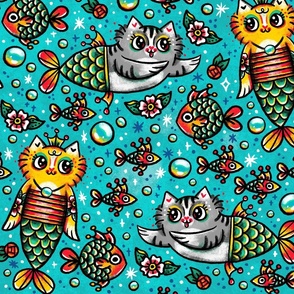 Nautical Mermaid Kittens Purrmaid Tattoos with Fish in Vintage 50s Teal Blue - Large Scale