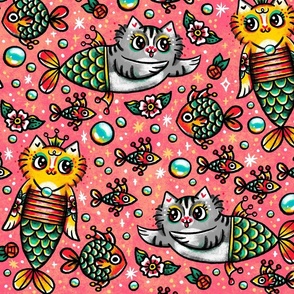Nautical Mermaid Kittens Purrmaid Tattoos with Fish in Vintage 50s Powder Pink - Large Scale