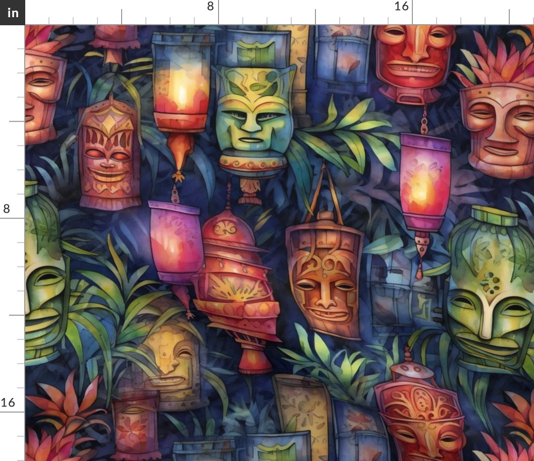 Watercolor Tribal Tiki Mask Masks and Tiki Torch Torches Lights