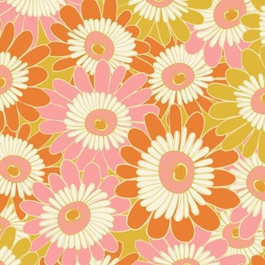 A Crowd Of Hand Drawn Daisies - Pink, Orange And Chartreuse.