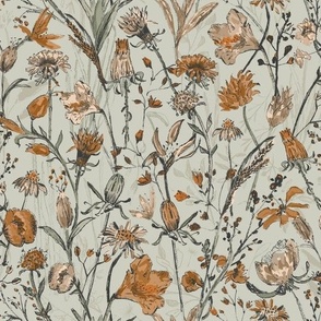 Autumn Field of Wildflowers in Sage Green, Ocher Yellow and Pencil Anthracite Grey