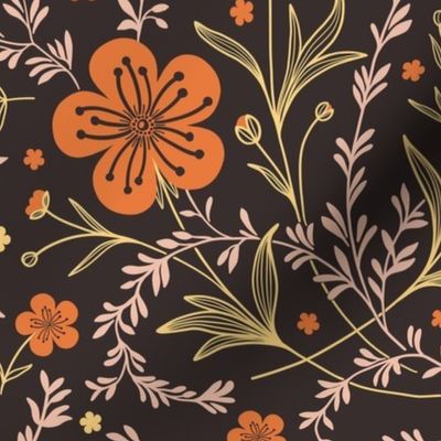 Retro folk decor Buttercup orange on brown