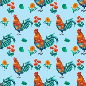 Multi-colored roosters walk in flowers  