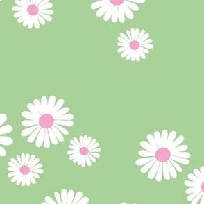 Nineties retro messy daisies - flower blossom bright colorful daisy summer white pink on matcha mint green nursery WALLPAPER