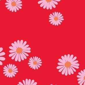 Nineties retro messy daisies - flower blossom bright colorful daisy summer pink orange on magenta red nursery WALLPAPER