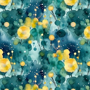 watercolor bubbles and flowers in green and teal and yellow