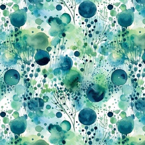 watercolor bubbles and flowers in green and teal