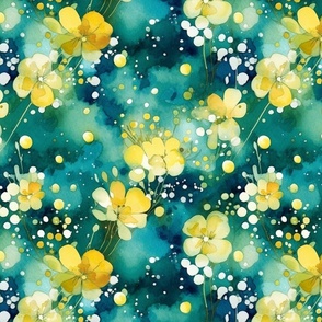 watercolor bubbles and flowers in yellow and teal 