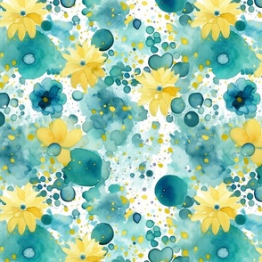 watercolor bubbles and flowers in yellow and green and teal