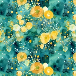 watercolor bubbles and flowers in green and yellow and teal
