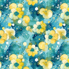 watercolor bubbles and flowers in teal and yellow and green
