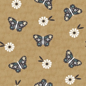Small Scale // Vintage Butterflies  Floral on Bronze Ochre
