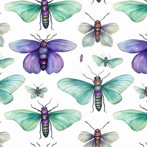 watercolor bugs and butterflies in green and blue and purple 