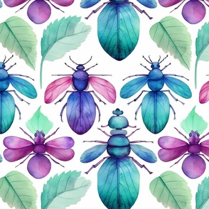 watercolor winged bugs in green and blue and purple 