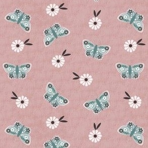 Small Scale // Vintage Butterflies  Floral on  Carnation Pink