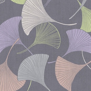 line art ginkgo leaves on grey, pastel palette,  24"
