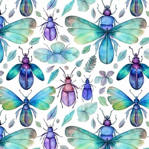 watercolor green and blue and purple bugs and butterflies