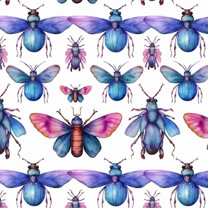 watercolor bugs in magenta and blue and purple