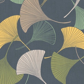 line art ginkgo leaves green, beige on grey background, yellow accent, 24"