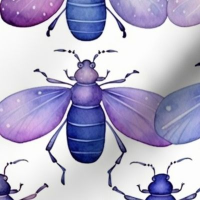 watercolor winged bugs in teal and purple