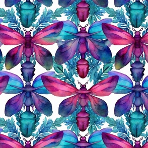 watercolor bugs in magenta and teal and purple