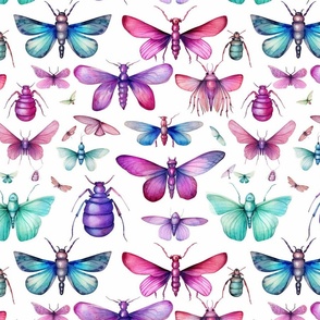 watercolor bugs and butterflies in magenta and teal and green and purple