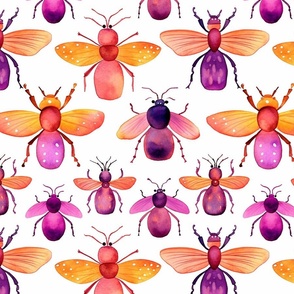 watercolor bugs in orange and magenta
