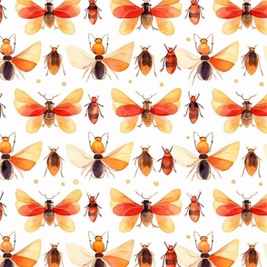 watercolor beetles and bugs in red and orange 