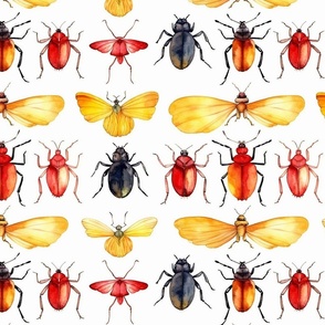 watercolor bugs, beetles and butterflies  in red and yellow and orange 