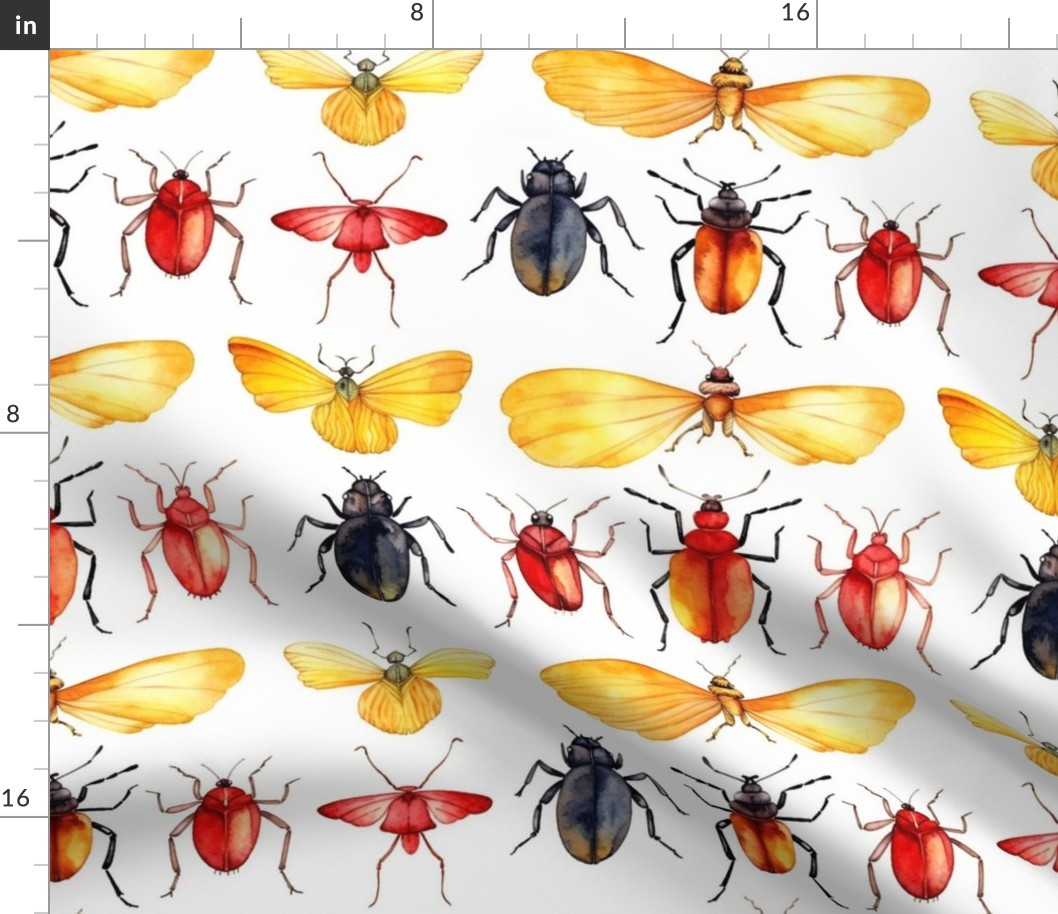 watercolor bugs, beetles and butterflies  in red and yellow and orange 