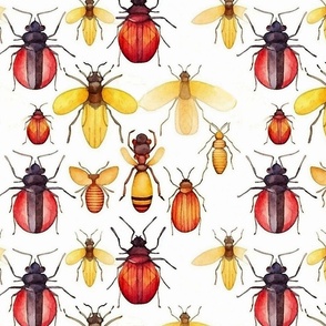 watercolor bugs and beetles in red and yellow and orange 