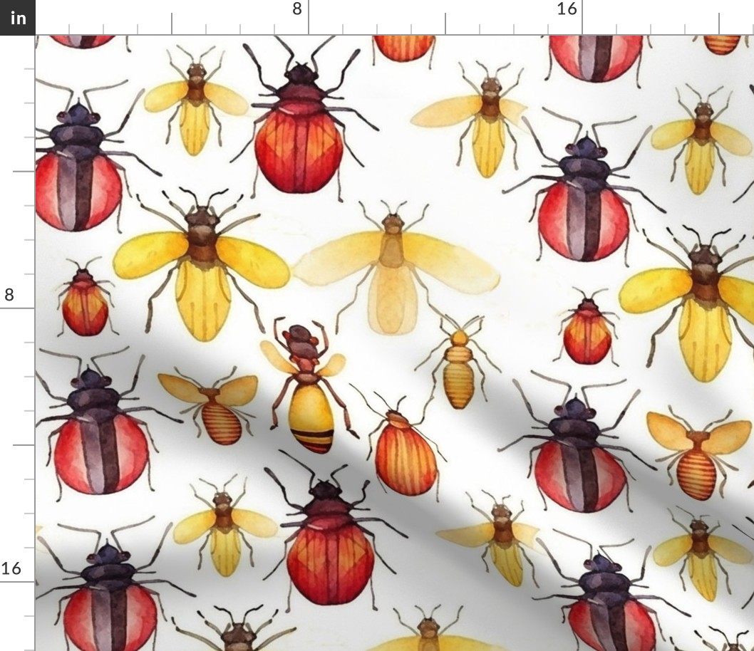 watercolor bugs and beetles in red and yellow and orange 